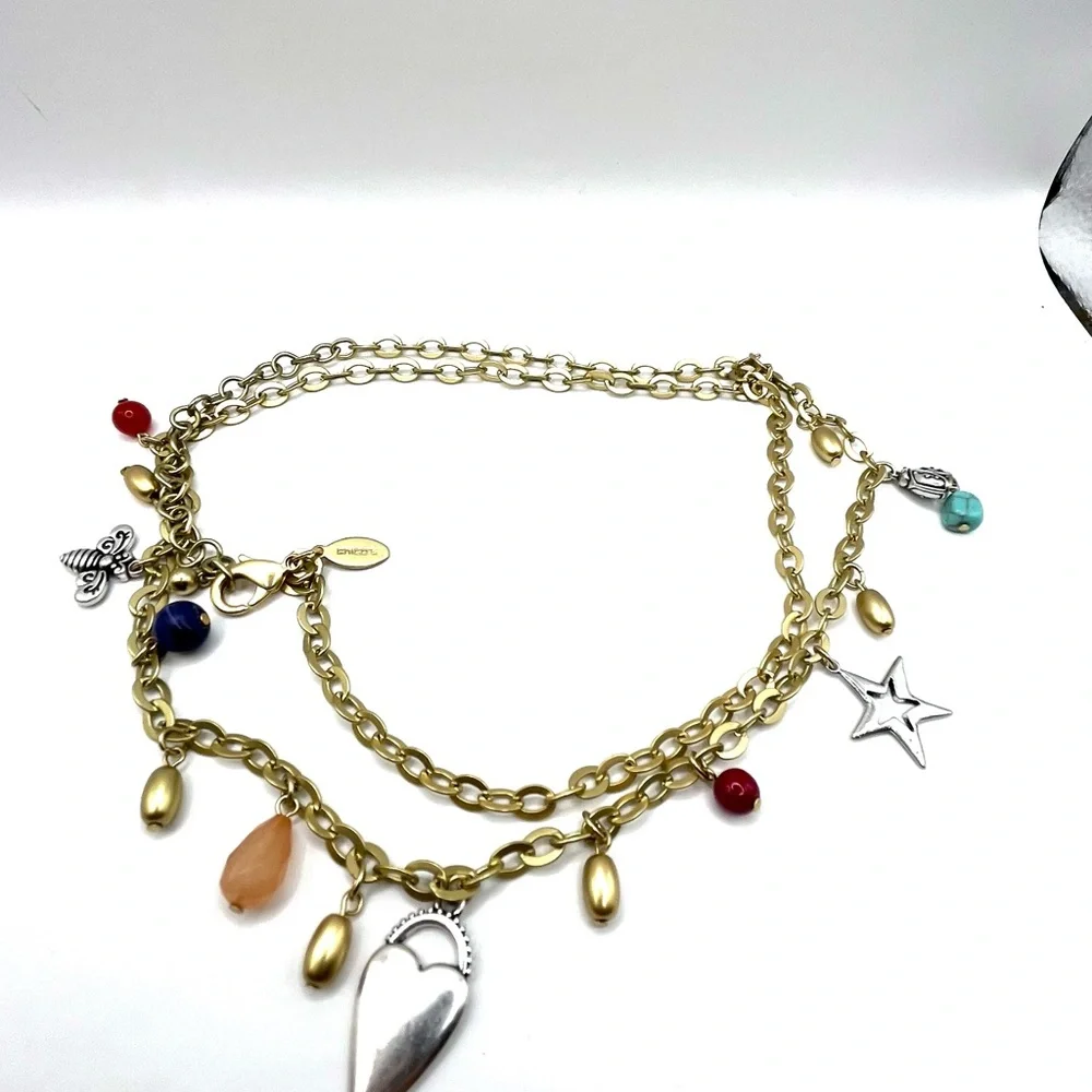 Charm Necklace Bee Heart Star Butterfly Gold Tone with Colorful Beads  Long